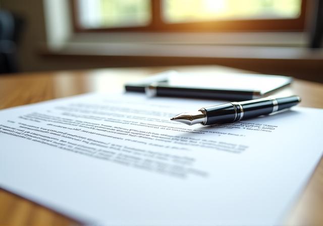 Close up of a professional legal document on a modern desk with a pen